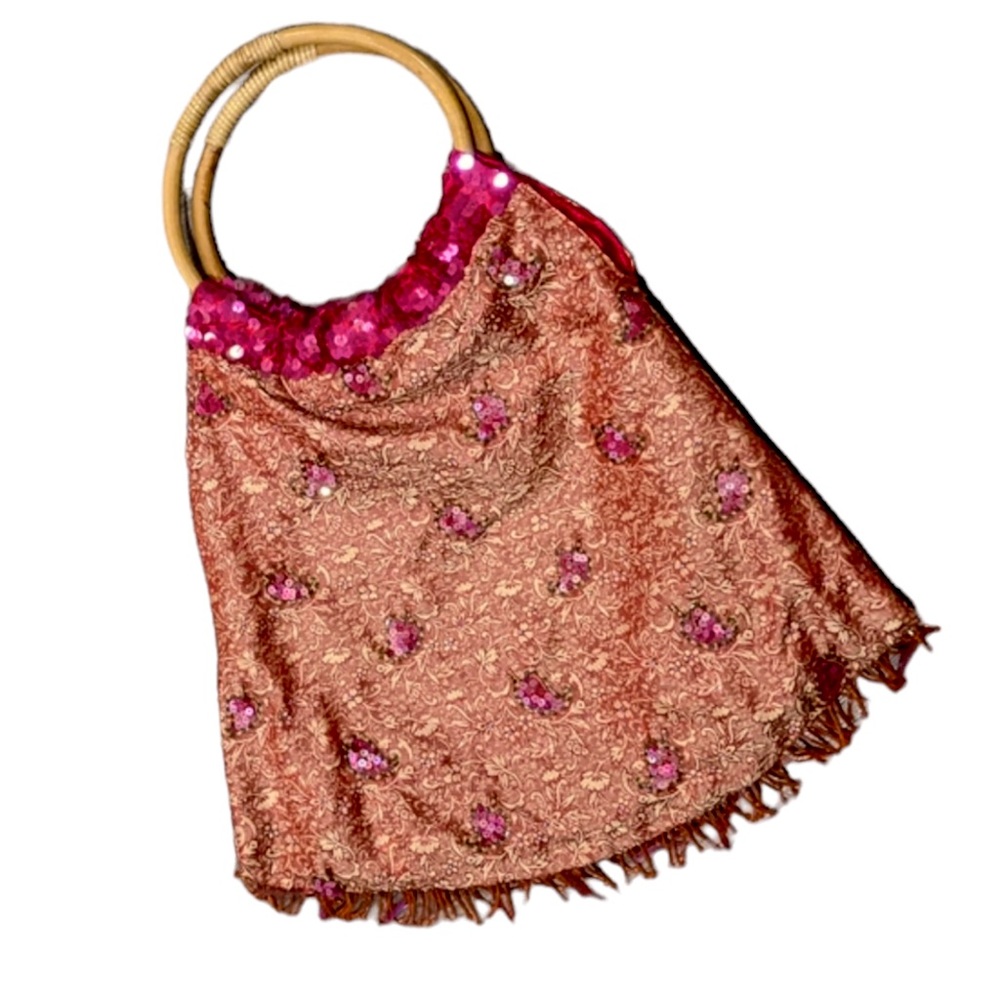Embroidered & Beaded Fringe Evening Bag With Bamboo Handle